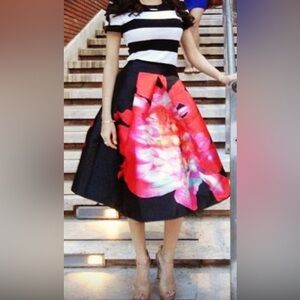 Black Flower Print midi skirt